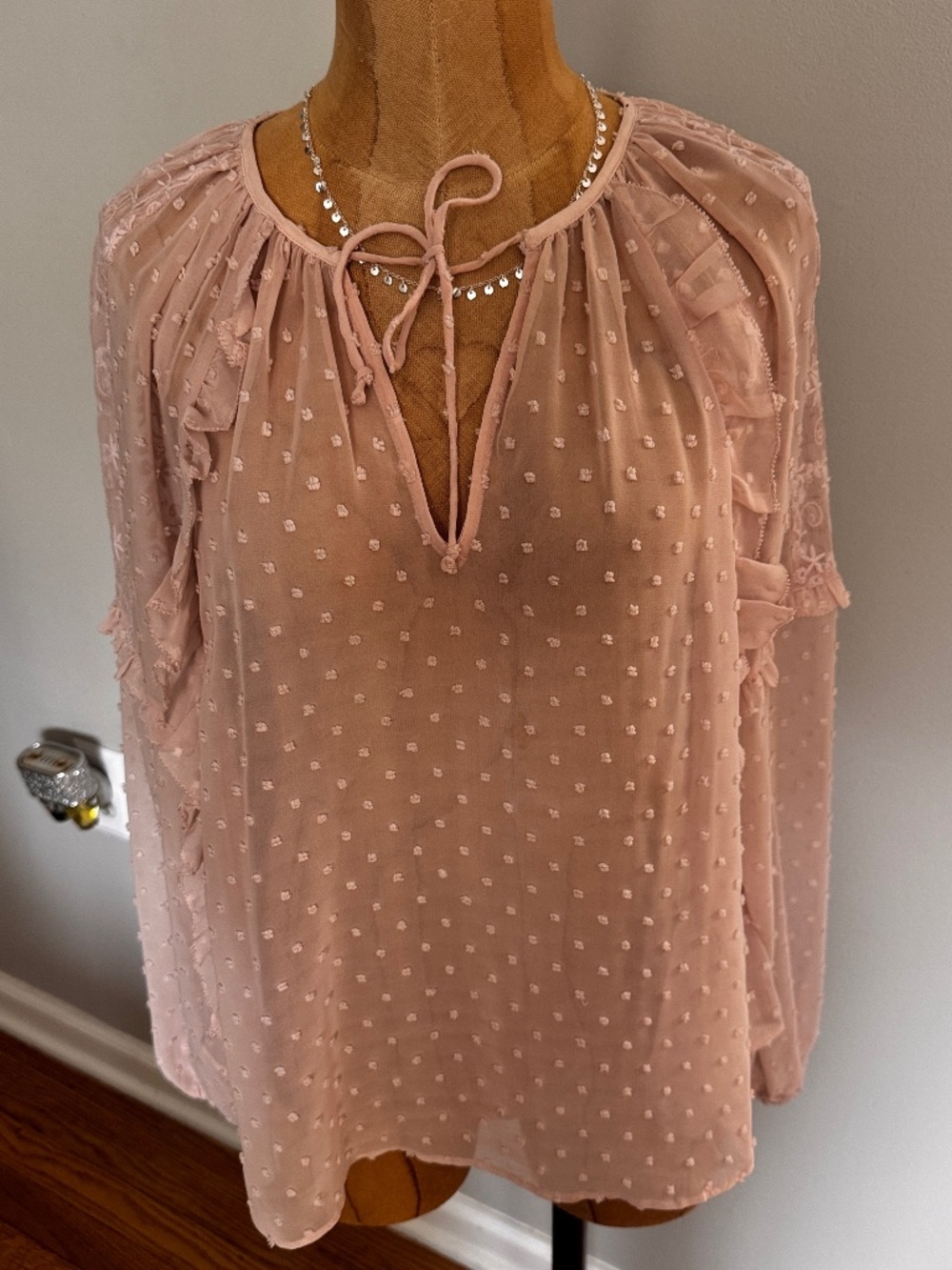 Express Swiss Dot peasant blouse with tie front